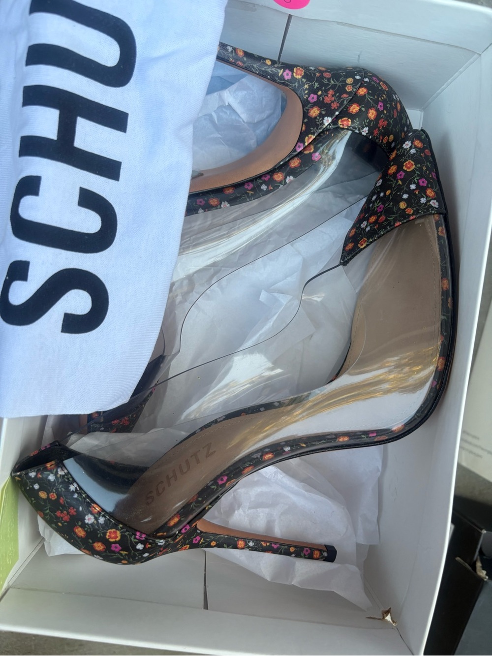 Schutz Women’s Black Floral Clear Panel High Heel Pump